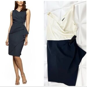 Alex Evenings Sz 16P 16 P Black Ivory Faux Wrap Side Ruched Formal Dress Gown